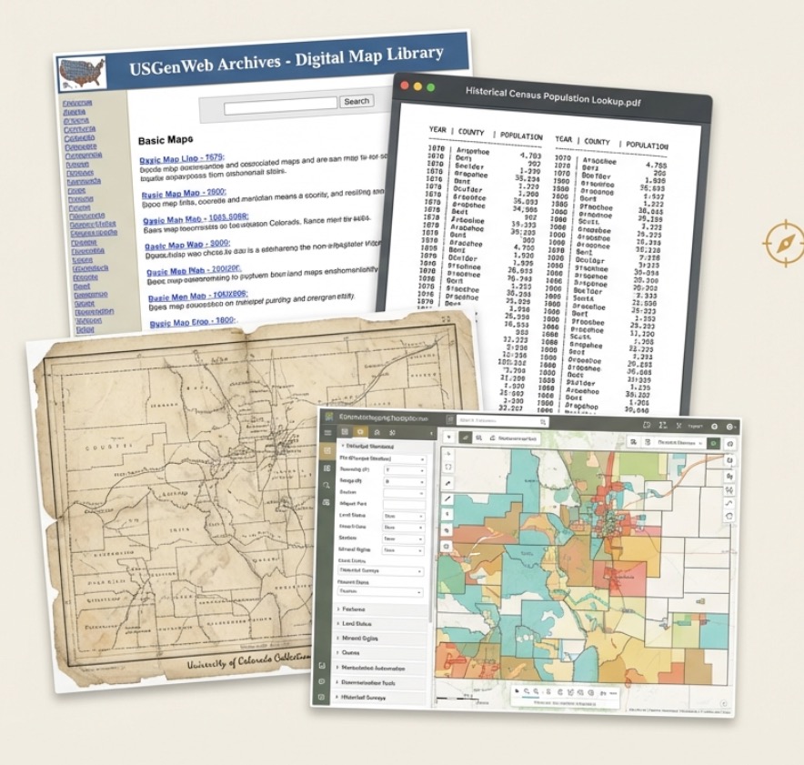 Fragmented sources — digital map archives, census records, old territorial maps, and county GIS databases